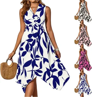 Floral Midi Dresses for Women Summer Flowy Sleeveless V Nevk Tie Wrap Dress Y2k Irregular Hem Casual Beach Sundress