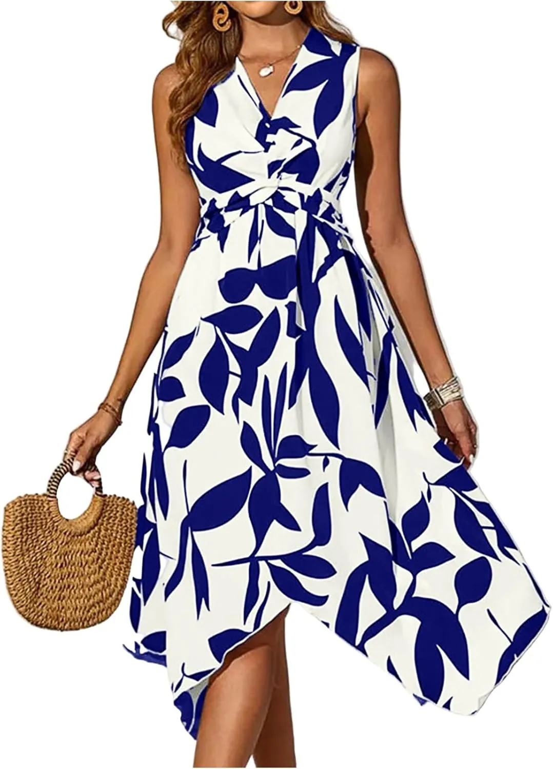 Floral Midi Dresses for Women Summer Flowy Sleeveless V Nevk Tie Wrap Dress Y2k Irregular Hem Casual Beach Sundress