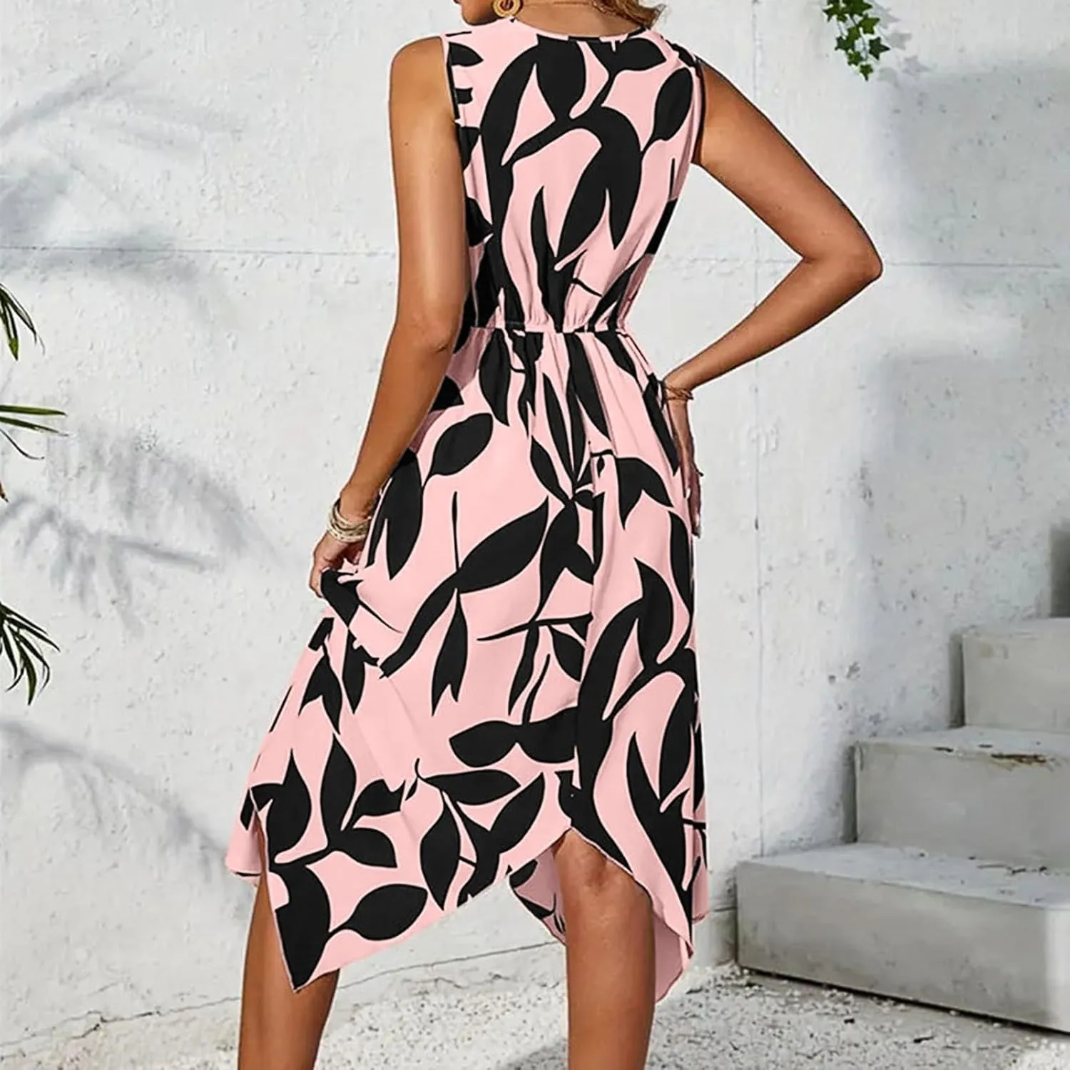 Floral Midi Dresses for Women Summer Flowy Sleeveless V Nevk Tie Wrap Dress Y2k Irregular Hem Casual Beach Sundress