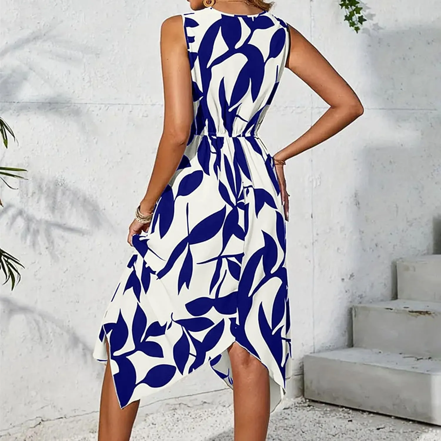 Floral Midi Dresses for Women Summer Flowy Sleeveless V Nevk Tie Wrap Dress Y2k Irregular Hem Casual Beach Sundress