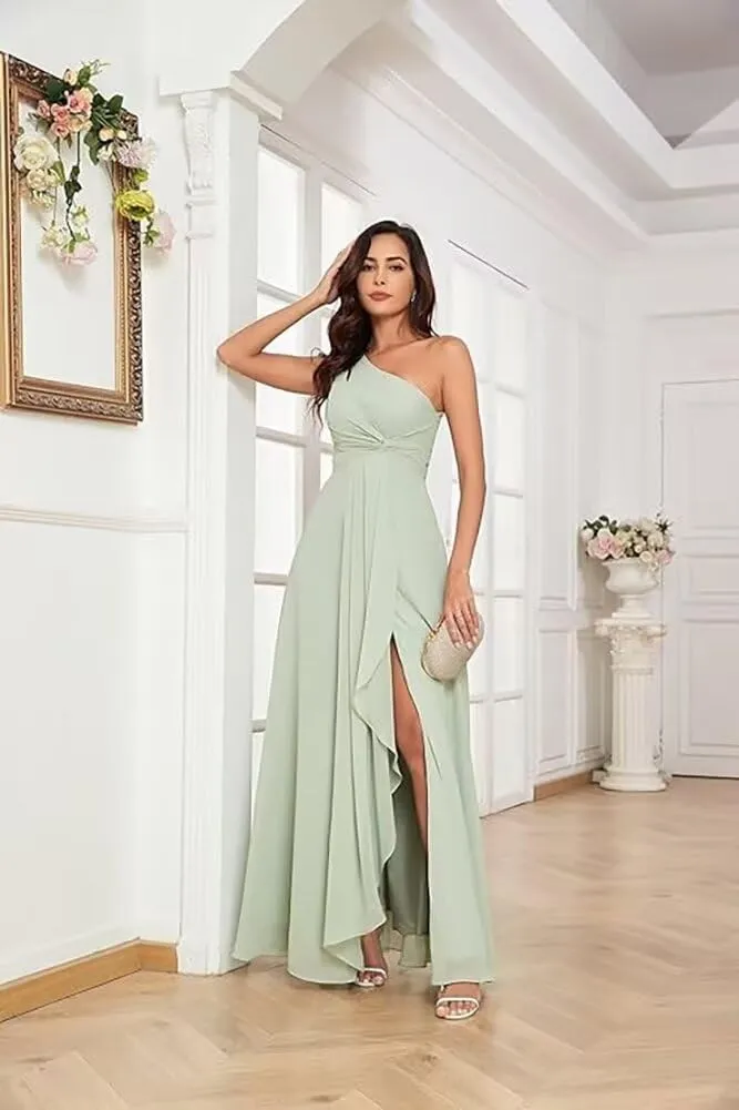 FOOHJMH One Shoulder Bridesmaid Slit Prom Dresses A Line Chiffon Evening Gowns for Women 2025