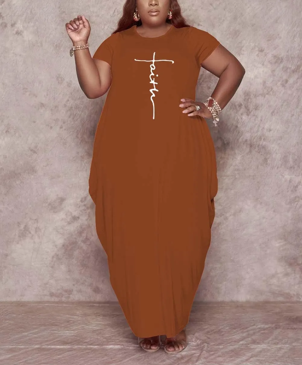Fooullaide Women Casual Plus Size Dress Summer Short Sleeve V Neck T Shirt Loose Oversize Flowy Long Dresses with Pocket