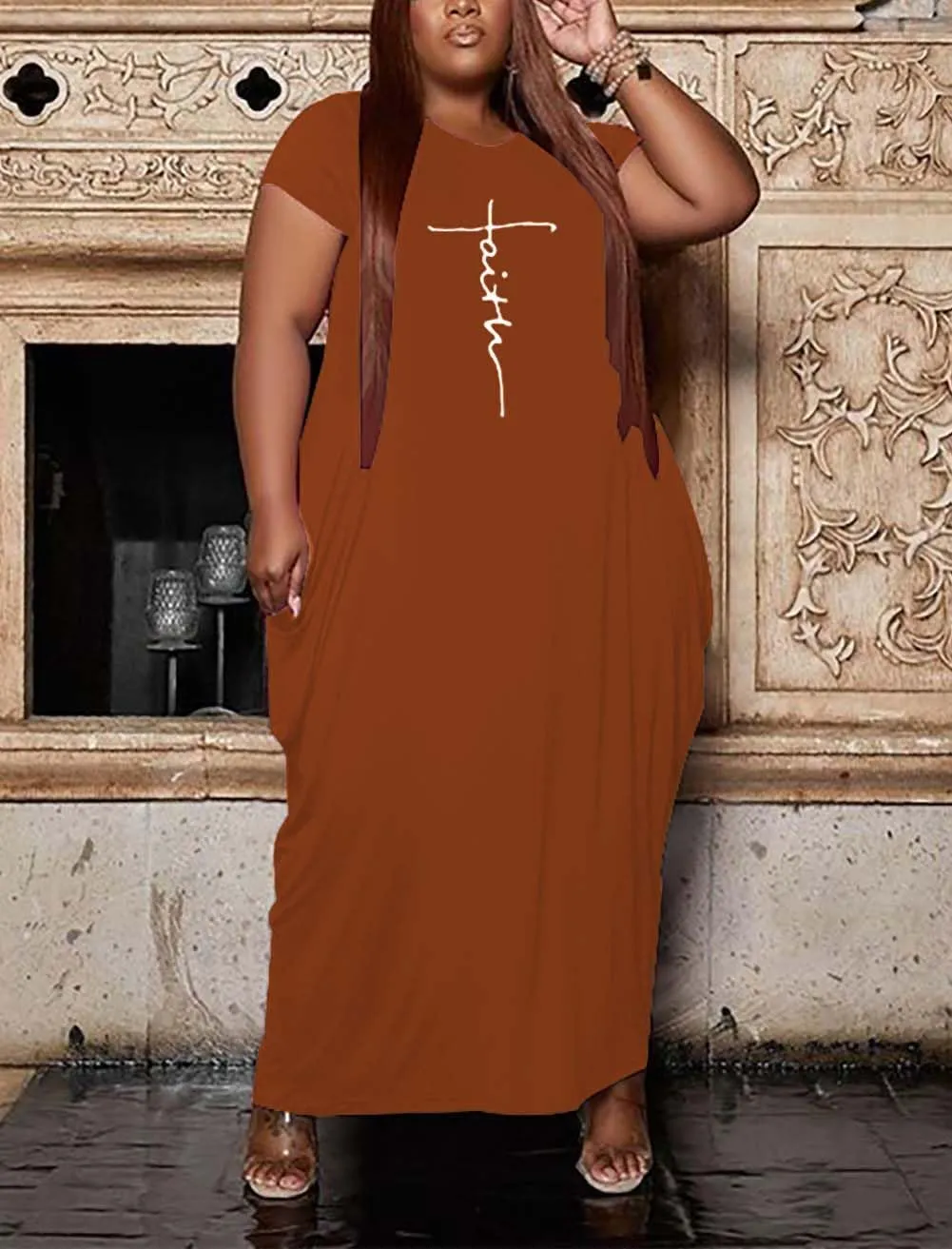 Fooullaide Women Casual Plus Size Dress Summer Short Sleeve V Neck T Shirt Loose Oversize Flowy Long Dresses with Pocket