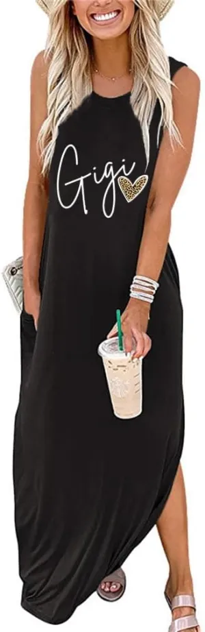 FORHVIPS Summer Dress for Women Leopard Heart Gigi Graphic Casual Dresses Sleeveless Split Maxi Long Sundress