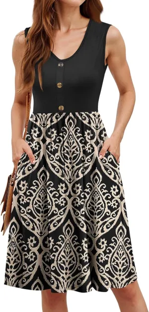 FQZWONG Summer Dresses for Women 2025 Casual Sleeveless V Neck Midi Sundresses Elegant Vacation Beach Dress with Pockets