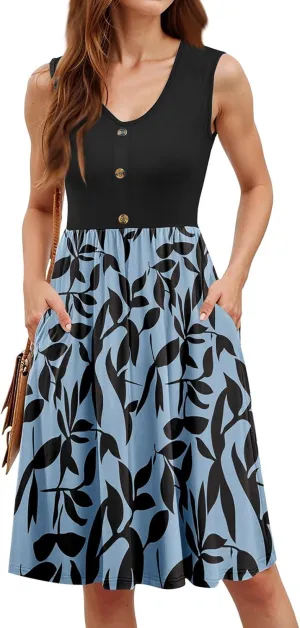FQZWONG Summer Dresses for Women 2025 Casual Sleeveless V Neck Midi Sundresses Elegant Vacation Beach Dress with Pockets