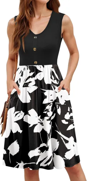 FQZWONG Summer Dresses for Women 2025 Casual Sleeveless V Neck Midi Sundresses Elegant Vacation Beach Dress with Pockets