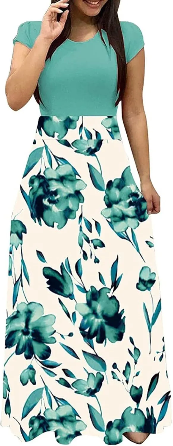 FQZWONG Women's Summer Casual Maxi Dress Blue Size Large High Waisted Flowy Prom Party Dress