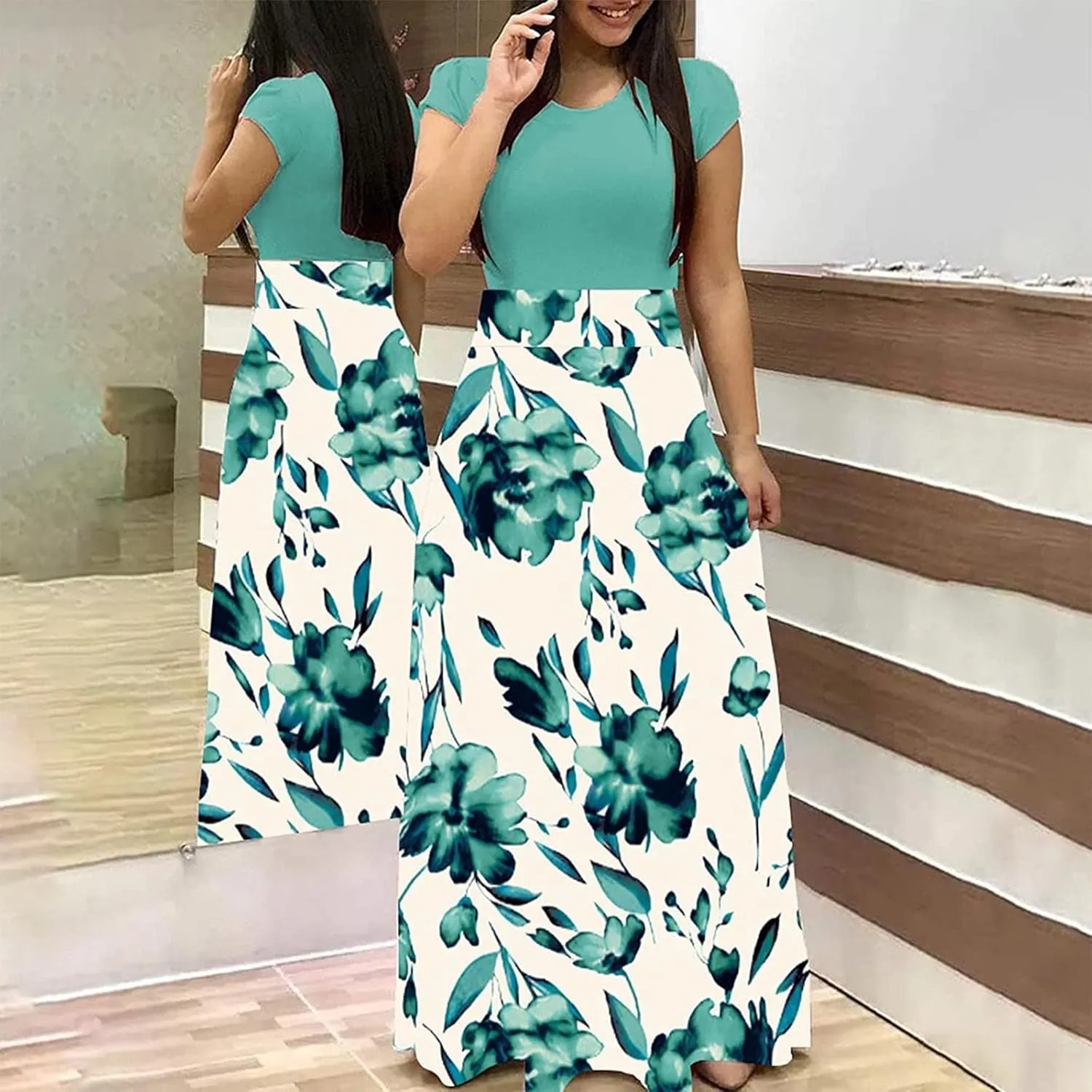 FQZWONG Women's Summer Casual Maxi Dress Blue Size Large High Waisted Flowy Prom Party Dress