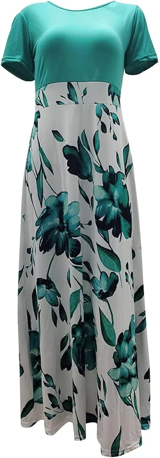 FQZWONG Women's Summer Casual Maxi Dress Blue Size Large High Waisted Flowy Prom Party Dress