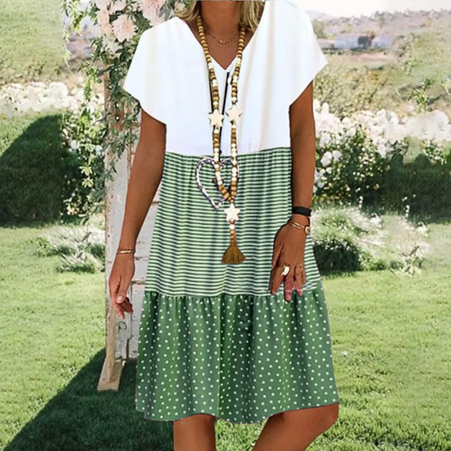 FZYLQY 2024 Plus Size Dress for Womens Polka Dot Striped Patchwork Tunic Dress Casual Summer Short Sleeve V Neck Sundresses