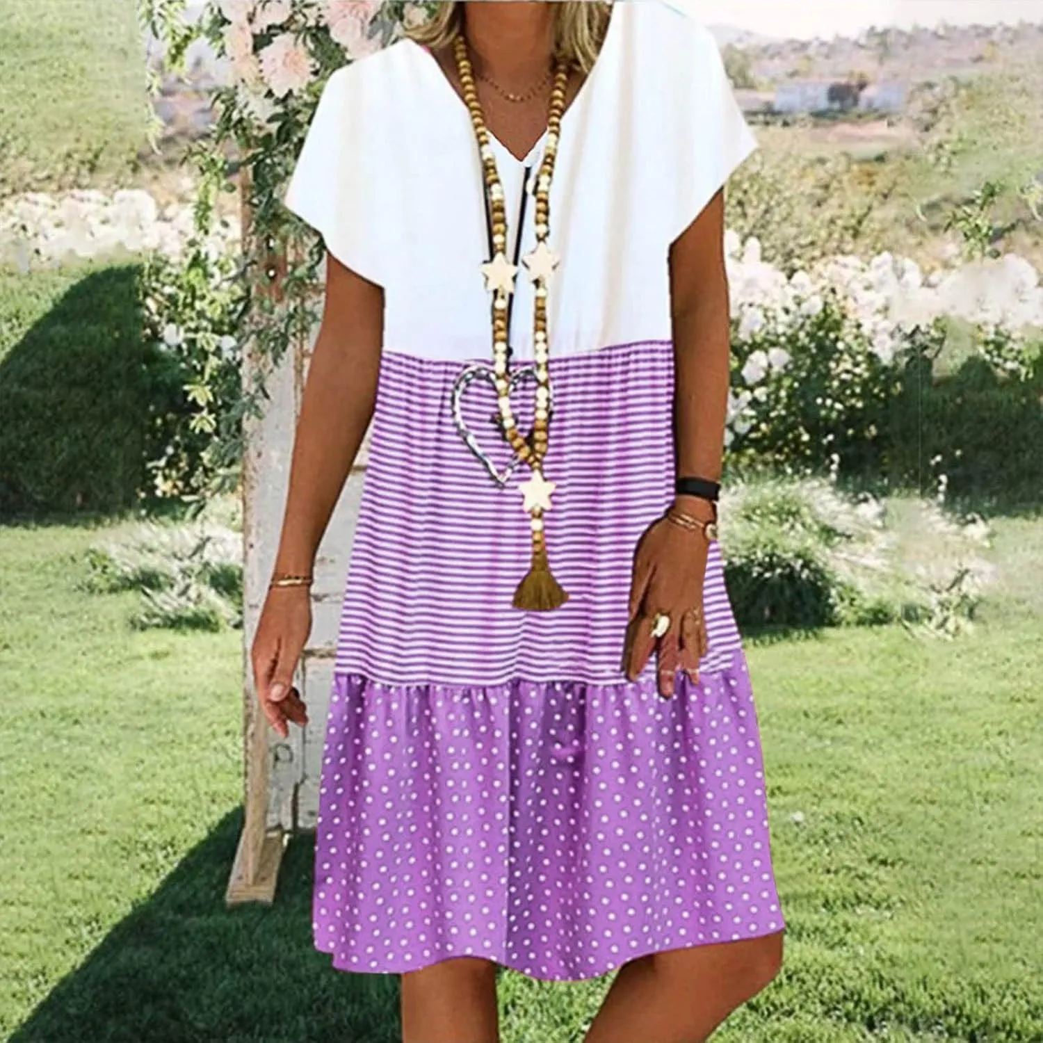 FZYLQY 2024 Plus Size Dress for Womens Polka Dot Striped Patchwork Tunic Dress Casual Summer Short Sleeve V Neck Sundresses