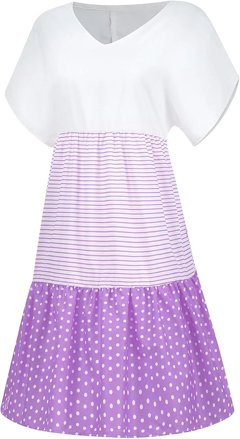 FZYLQY 2024 Plus Size Dress for Womens Polka Dot Striped Patchwork Tunic Dress Casual Summer Short Sleeve V Neck Sundresses