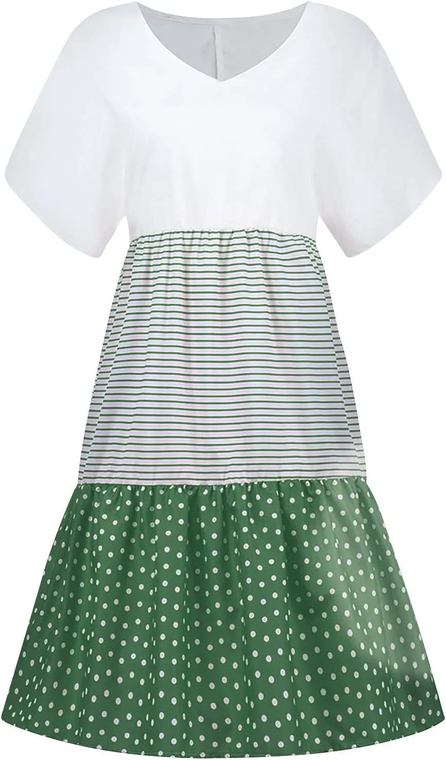 FZYLQY 2024 Plus Size Dress for Womens Polka Dot Striped Patchwork Tunic Dress Casual Summer Short Sleeve V Neck Sundresses