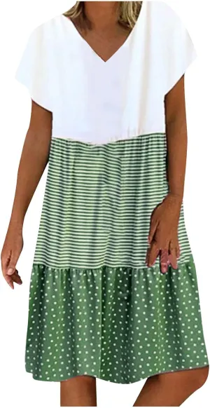 FZYLQY 2024 Plus Size Dress for Womens Polka Dot Striped Patchwork Tunic Dress Casual Summer Short Sleeve V Neck Sundresses
