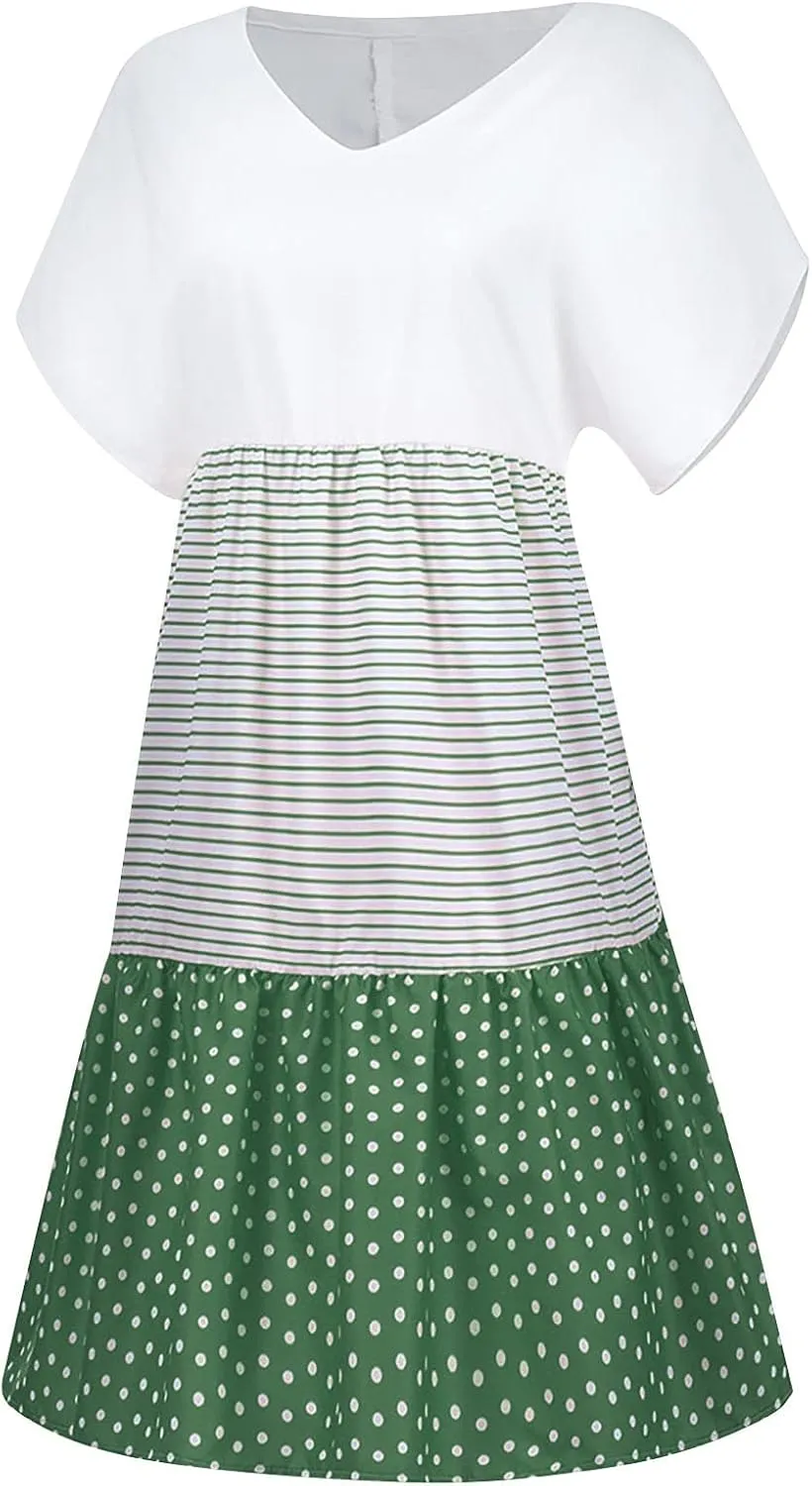 FZYLQY 2024 Plus Size Dress for Womens Polka Dot Striped Patchwork Tunic Dress Casual Summer Short Sleeve V Neck Sundresses