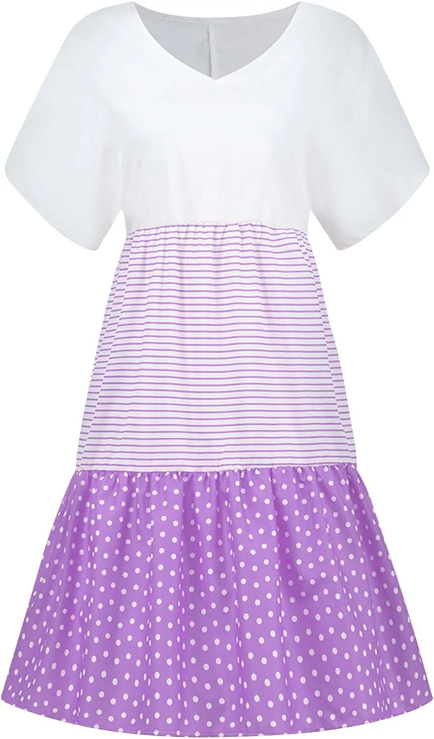 FZYLQY 2024 Plus Size Dress for Womens Polka Dot Striped Patchwork Tunic Dress Casual Summer Short Sleeve V Neck Sundresses