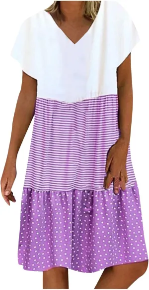 FZYLQY 2024 Plus Size Dress for Womens Polka Dot Striped Patchwork Tunic Dress Casual Summer Short Sleeve V Neck Sundresses