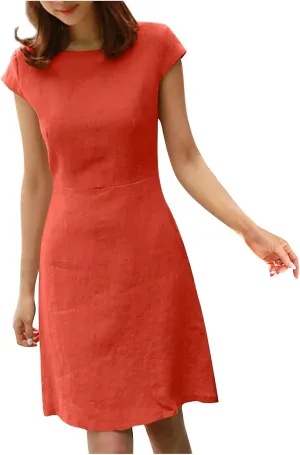 FZYLQY Women Summer Dresses 2024 Casual Back Zipper Cotton Linen Beach Vacation Knee Length Boat Neck Cap Sleeve Short Dress