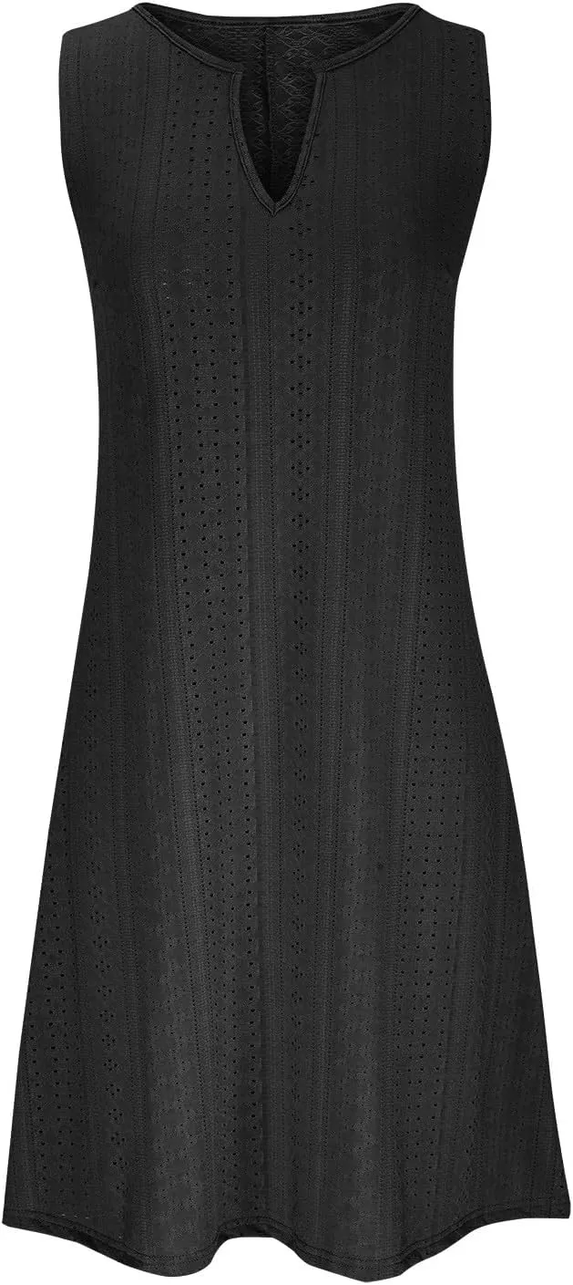 FZYLQY Women V Neck Eyelet Dresses Summer Casual Sundress Solid Sleeveless Knee Length Dress 2024 Casual Tank Tunic Sun Dress