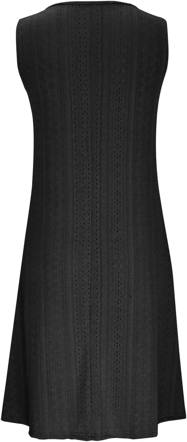 FZYLQY Women V Neck Eyelet Dresses Summer Casual Sundress Solid Sleeveless Knee Length Dress 2024 Casual Tank Tunic Sun Dress