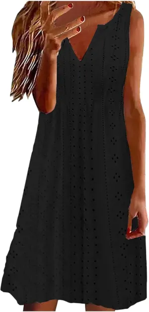 FZYLQY Women V Neck Eyelet Dresses Summer Casual Sundress Solid Sleeveless Knee Length Dress 2024 Casual Tank Tunic Sun Dress