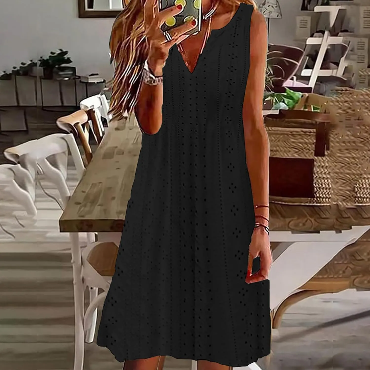 FZYLQY Women V Neck Eyelet Dresses Summer Casual Sundress Solid Sleeveless Knee Length Dress 2024 Casual Tank Tunic Sun Dress