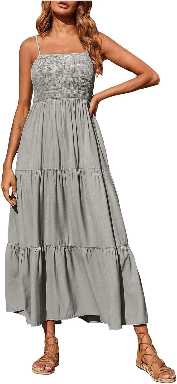 FZYLQY Womens Bohemian Dresses Spaghetti Strap Smocked Tiered Long Beach Sundresses Summer Sleeveless Solid Flowy Maxi Dress