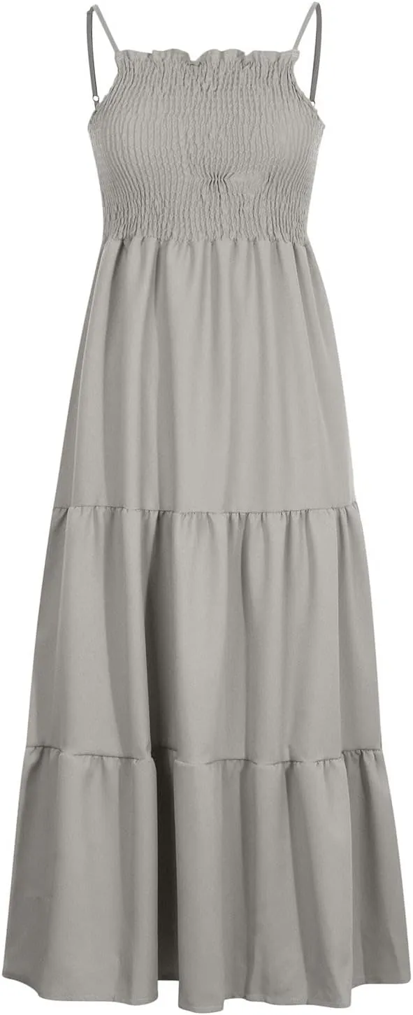 FZYLQY Womens Bohemian Dresses Spaghetti Strap Smocked Tiered Long Beach Sundresses Summer Sleeveless Solid Flowy Maxi Dress