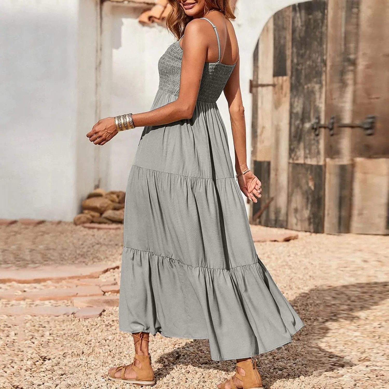 FZYLQY Womens Bohemian Dresses Spaghetti Strap Smocked Tiered Long Beach Sundresses Summer Sleeveless Solid Flowy Maxi Dress