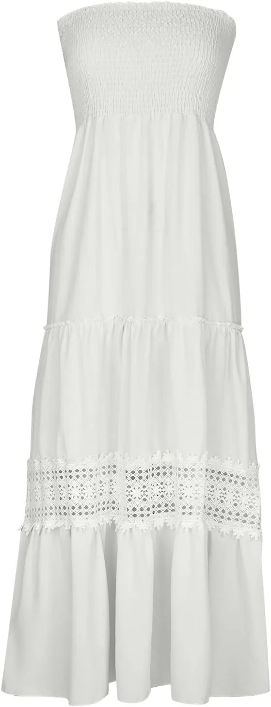 FZYLQY Womens Tube Top Maxi Dress Summer Boho Strapless Casual Flowy Beach Long Sundresses Hollow Ruffle Sexy Smocked Dresses