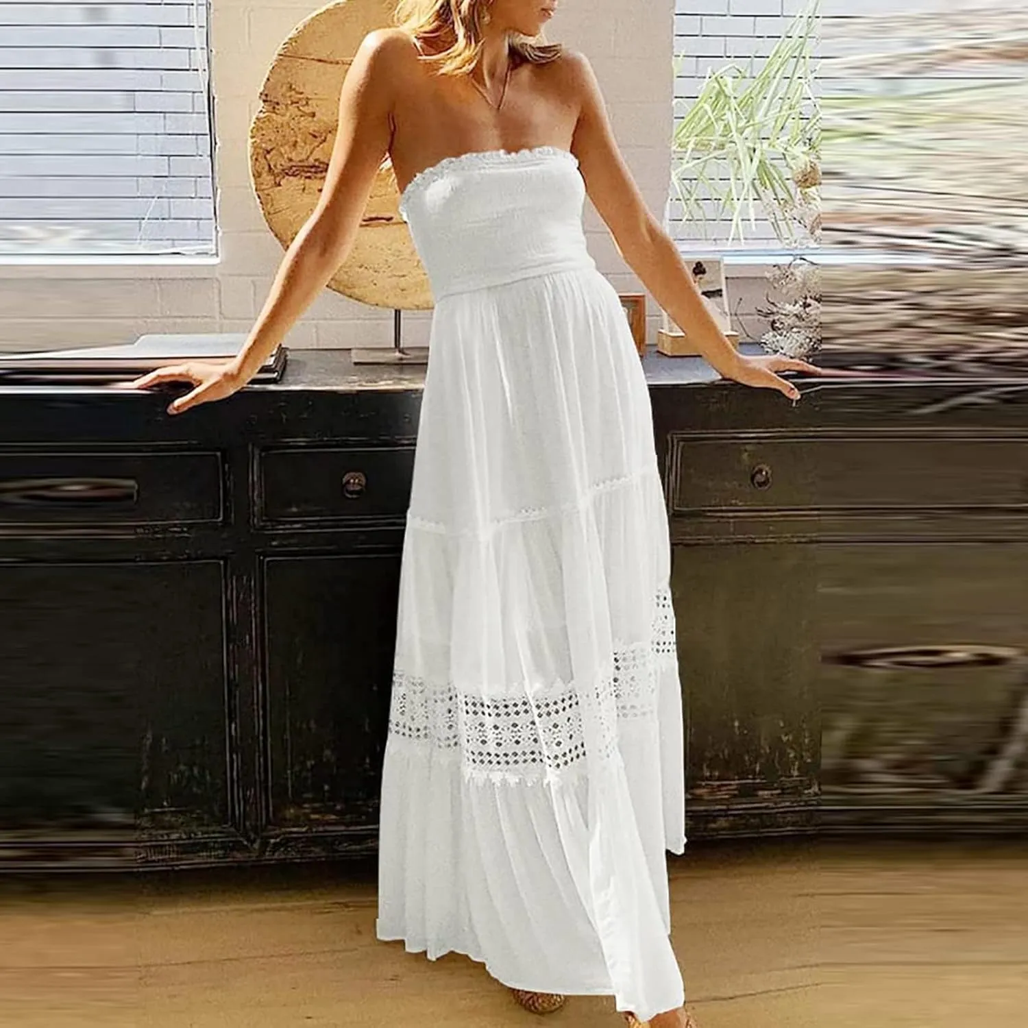 FZYLQY Womens Tube Top Maxi Dress Summer Boho Strapless Casual Flowy Beach Long Sundresses Hollow Ruffle Sexy Smocked Dresses