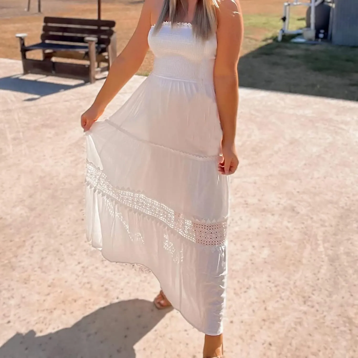 FZYLQY Womens Tube Top Maxi Dress Summer Boho Strapless Casual Flowy Beach Long Sundresses Hollow Ruffle Sexy Smocked Dresses