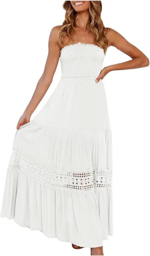 FZYLQY Womens Tube Top Maxi Dress Summer Boho Strapless Casual Flowy Beach Long Sundresses Hollow Ruffle Sexy Smocked Dresses