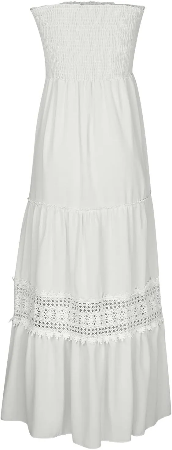 FZYLQY Womens Tube Top Maxi Dress Summer Boho Strapless Casual Flowy Beach Long Sundresses Hollow Ruffle Sexy Smocked Dresses