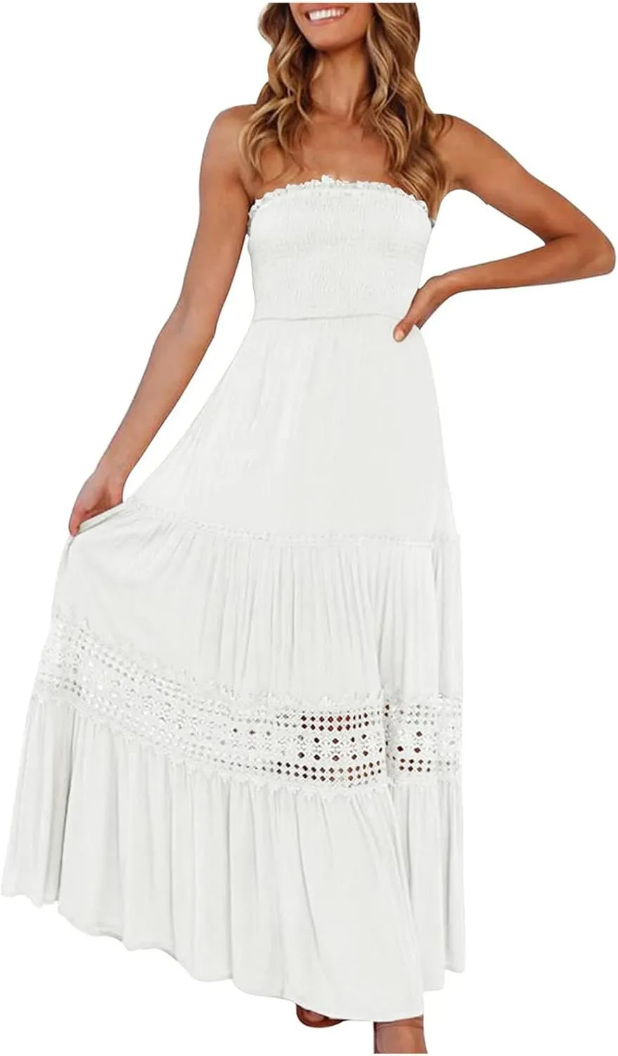FZYLQY Womens Tube Top Maxi Dress Summer Boho Strapless Casual Flowy Beach Long Sundresses Hollow Ruffle Sexy Smocked Dresses