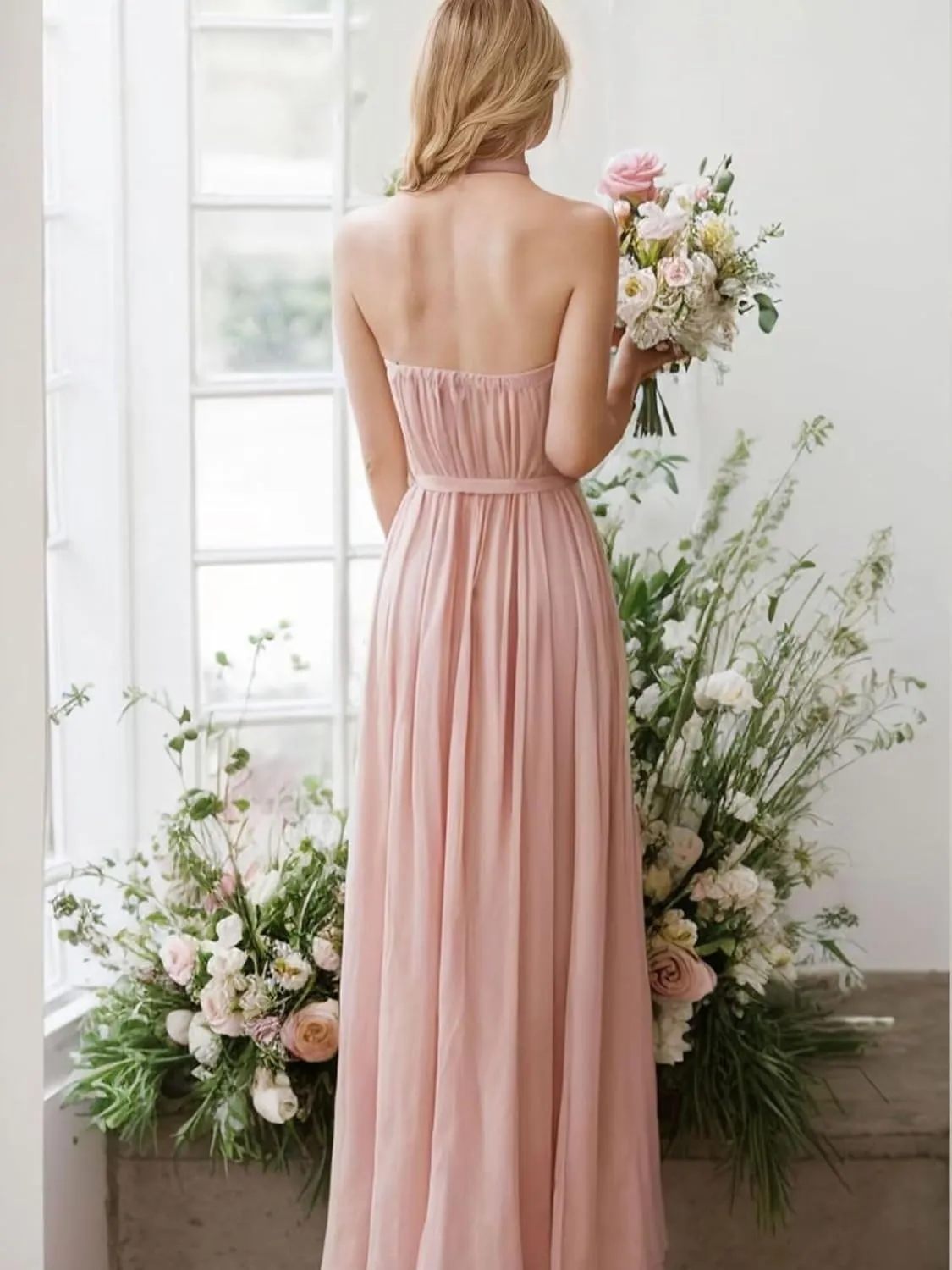 GATMAHE Bridesmaid Dresses Women's Halter Long Elegant Chiffon Formal Dress with Corset Back Evening Gown