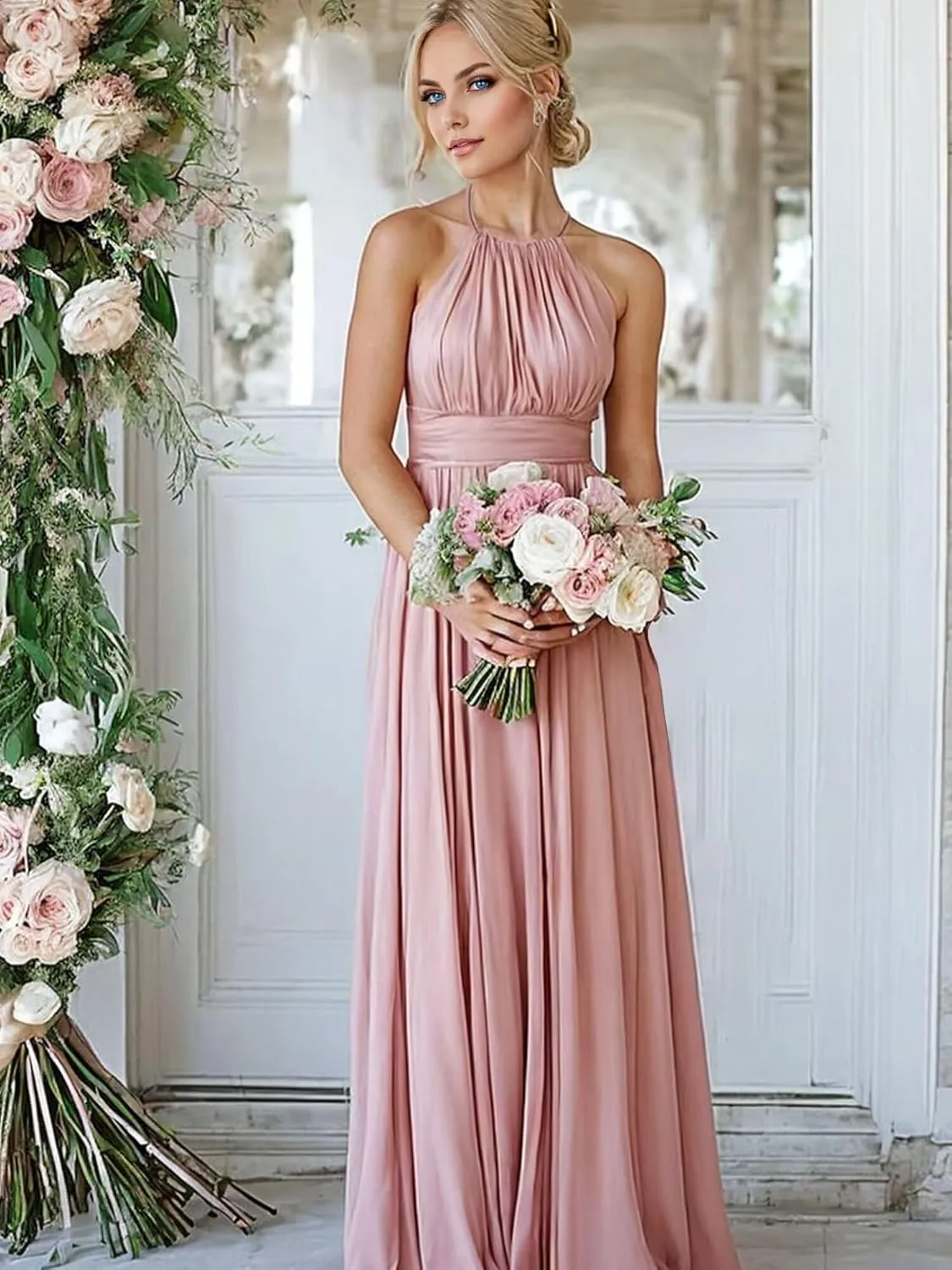 GATMAHE Bridesmaid Dresses Women's Halter Long Elegant Chiffon Formal Dress with Corset Back Evening Gown
