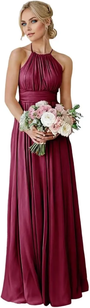 GATMAHE Bridesmaid Dresses Women's Halter Long Elegant Chiffon Formal Dress with Corset Back Evening Gown