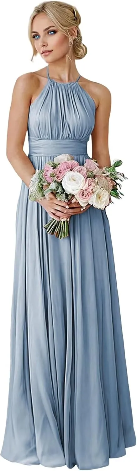 GATMAHE Bridesmaid Dresses Women's Halter Long Elegant Chiffon Formal Dress with Corset Back Evening Gown