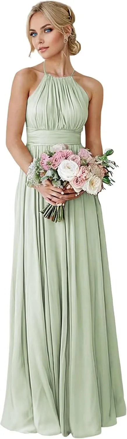 GATMAHE Bridesmaid Dresses Women's Halter Long Elegant Chiffon Formal Dress with Corset Back Evening Gown