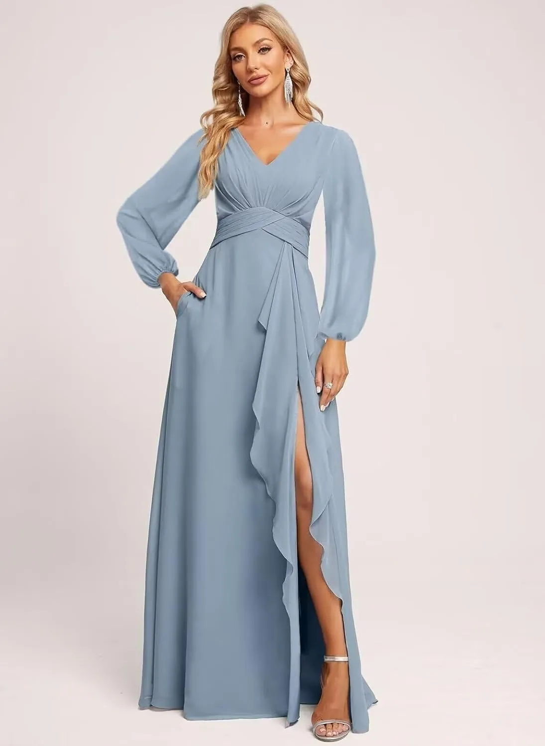 GATMAHE Flutter Lantern Sleeves Bridesmaid Dresses for Women V Neck Ruched Long Slit Formal Dress with Pockets