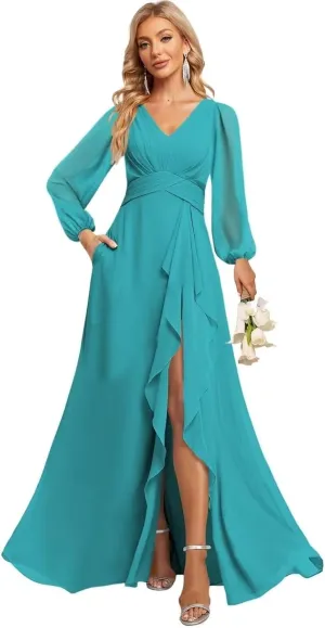 GATMAHE Flutter Lantern Sleeves Bridesmaid Dresses for Women V Neck Ruched Long Slit Formal Dress with Pockets