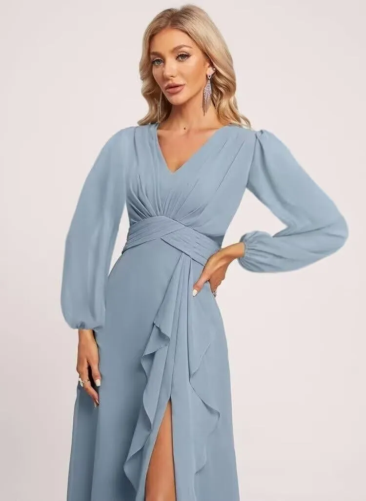GATMAHE Flutter Lantern Sleeves Bridesmaid Dresses for Women V Neck Ruched Long Slit Formal Dress with Pockets