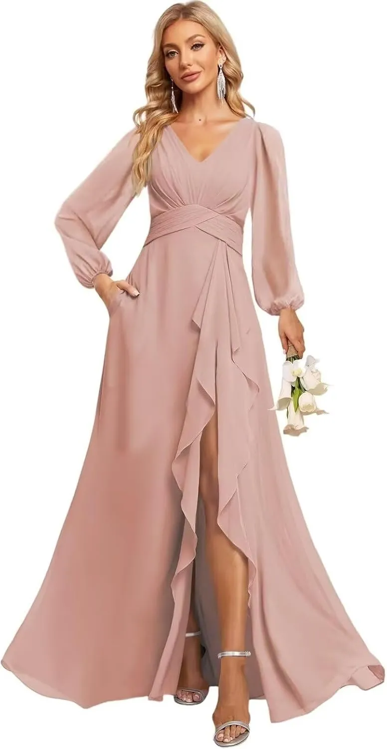 GATMAHE Flutter Lantern Sleeves Bridesmaid Dresses for Women V Neck Ruched Long Slit Formal Dress with Pockets