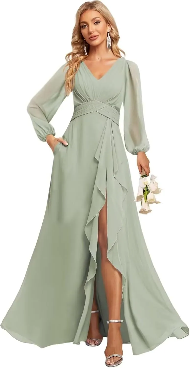GATMAHE Flutter Lantern Sleeves Bridesmaid Dresses for Women V Neck Ruched Long Slit Formal Dress with Pockets