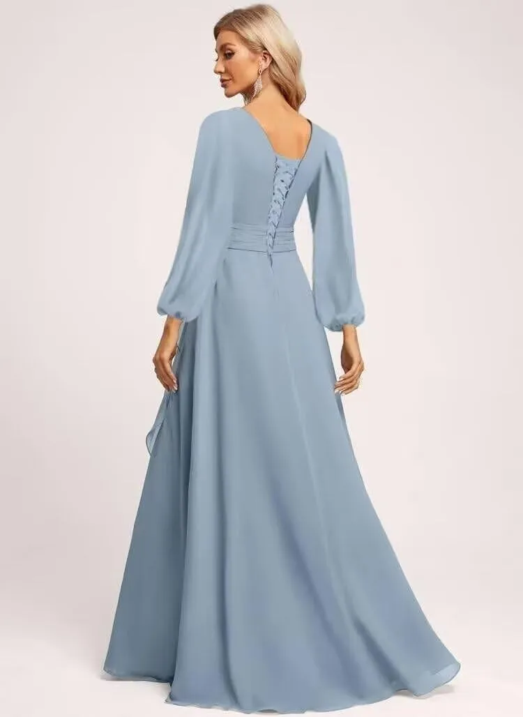 GATMAHE Flutter Lantern Sleeves Bridesmaid Dresses for Women V Neck Ruched Long Slit Formal Dress with Pockets