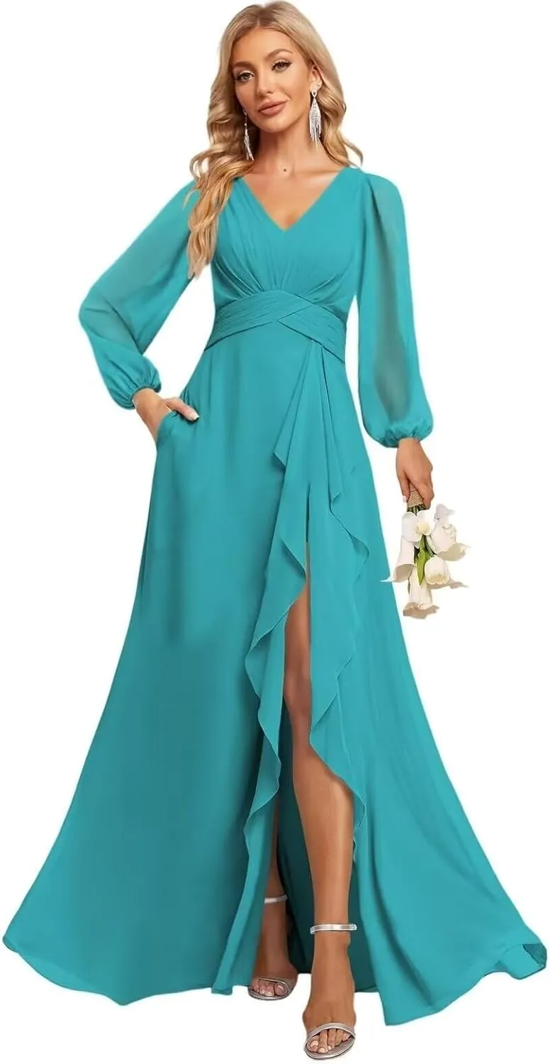 GATMAHE Flutter Lantern Sleeves Bridesmaid Dresses for Women V Neck Ruched Long Slit Formal Dress with Pockets