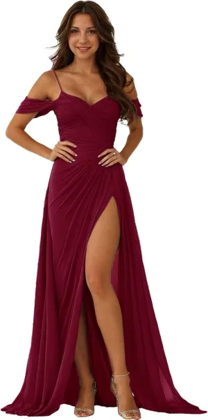 GATMAHE Off The Shoulder Bridesmaid Dresses Women's Halter Long Chiffon Pleated Formal Dress Evening Gown
