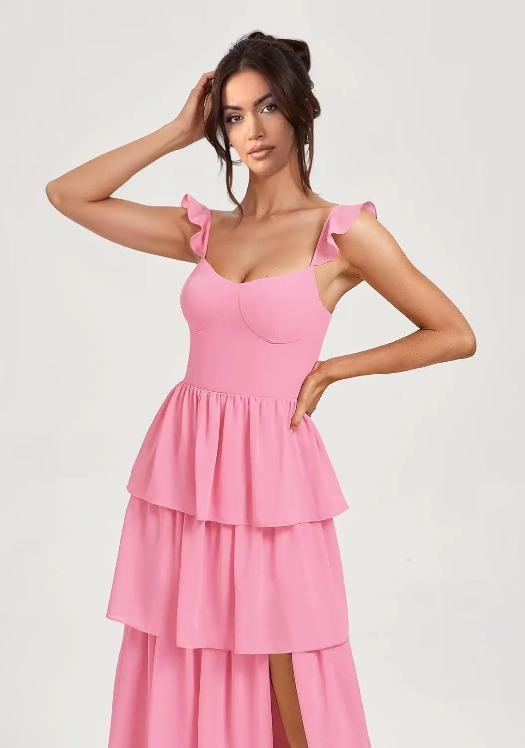 GDJDIFK Tiered Ruffles Bridesmaid Dresses for Women - Spaghetti Straps Chiffon Formal Evening Gown with Slit